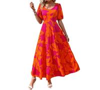 PRETTYGARDEN Abiti da Donna 2024 a Maniche a Sbuffo Floreale Casual Abiti Estivi Smock Schiena Scoperta Spiaggia fluida Maxi Abito a Strati, F-Arancio Rosa Rosso, S