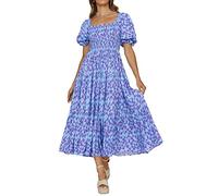 PRETTYGARDEN Abito estivo con stampa floreale Boho abito estivo con scollo quadrato manica a sbuffo linea lungo smock casual maxi abito, Floreale Azzurro e Viola, L