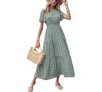 PRETTYGARDEN Donne Manica Corta Girocollo Smocked Elastico in Vita A Balze Maxi Abito Estate Boho Floreale Flares Abiti da Sole, Foglie Verdi., L