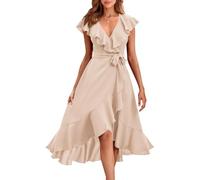 PRETTYGARDEN Women's 2025 Summer Cross Maxi Dress Casual Boho Deep V Neck Short Sleeve Ruffle Hem Split Beach Long Dresses (Apricot,Large)