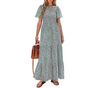 PRETTYGARDEN Women's Summer Casual Round Neck Short Flutter Sleeve Smocked Ruffle Floral Maxi Dress Wedding Guest Dress (Olive Green,Small)