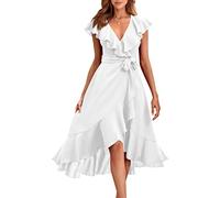 PRETTYGARDEN Women's Summer Cross Maxi Dress Casual Boho Deep V Neck Short Sleeve Ruffle Hem Split Beach Long Dresses (White,Large)