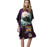Prettystern Donna 100% Seta Kimono Caftano Vestaglia Pigiama Camicia da Notte Dipinto a Mano Ybs201 Viola con Ninfee e Anatre