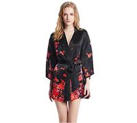 Prettystern Donna Corta Kimono Geisha Mini Abito Robe Vestaglia Seta Giacca Giapponesi Camicia Da Notte Vestito Nero Fiori Mi04