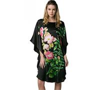 Prettystern Donna Pura Seta Kimono Caftano Vestaglia Pigiama Camicia da Notte Dipinto a Mano Ybs101 Nero Roseti inFiore