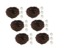 PRETYZOOM 6set Nido per Uccelli Artificiale in Rattan Nido Intrecciato per Uccelli con Uova Finte Decorazione Pasquale per Giardino Balcone e Interno