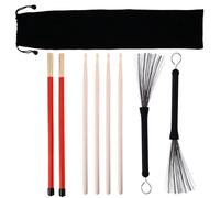 PRETYZOOM Set 9 Pezzi Accessori per Batteria Bacchette in Legno Spazzole Metalliche Regolabili e Borsa Portaoggetti Kit per Batteria Jazz e Strumenti a Percussione