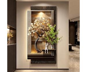 PreuepltrMa Arte da Parete 3D a LED, Decorazione murale 3D con luci LED Albero dei Soldi d'oro con Vaso e Telecomando Texture Sabbia Naturale per Ingresso Soggiorno(D,40 * 80cm/15.75"*31.50"in)