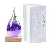 Previsioni meteo in vetro viola tempesta, piccola bottiglia a forma di goccia con base in legno, stazione meteo in vetro tempesta, regalo per la festa del papà, decorazione di alta qualità per casa e