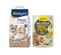 Prezzo speciale! Biokat's Classic Attracting & Care, 18 L + GimCat Near Nature, Pollo, 16 x 85 g - 18 L Attracting & Care Classic Biokat's, Lettiera + 16 x 85 g Pollo Near Nature GimCat, Cibo umido