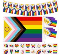 Pride Decorations Grande Bandiera Pride, Bandiere Arcobaleno Bandiere Mano Braccialetti Tatuaggi Arcobaleno, Accessori Gay per Parata Mese LGBT Street Bar Party Decorazione per interni ed esterni