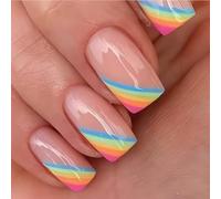 Pride - Unghie finte arcobaleno con punta francese, colore nudo lucido, con bordo a strisce pastello, lunghezza quadrata media, kit per uso quotidiano, festival, feste, manicure in acrilico ABS, 24