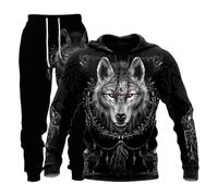 Prigridche Wolf & Lion Set tuta da uomo con cappuccio e pantaloni stampati 3D autunno inverno casual felpa pullover, Nero 5, Medium