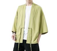 PRIJOUHE Giacche kimono da uomo cardigan casual misto cotone lino sette maniche aperto davanti ricamo cappotto, 36-verde, XX-Large