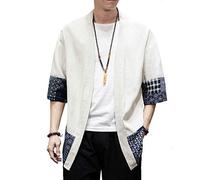 PRIJOUHE - Kimono da uomo, cardigan leggero casual misto cotone lino sette maniche aperte davanti cappotto Outwear - - XS