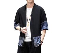 PRIJOUHE - Kimono da uomo, cardigan leggero casual misto cotone lino sette maniche aperte davanti cappotto Outwear - - XX-Large