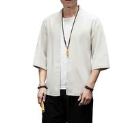 PRIJOUHE - Kimono da uomo, cardigan leggero casual misto cotone lino sette maniche aperte davanti cappotto Outwear - - L