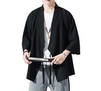 PRIJOUHE Kimono da uomo cardigan leggero casual misto cotone lino sette maniche aperto davanti cappotto Outwear, 04 Nero, X-Large