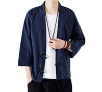 PRIJOUHE Kimono da uomo cardigan leggero casual misto cotone lino sette maniche aperto davanti cappotto Outwear, 03 blu navy., M