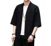 PRIJOUHE Kimono da uomo giacca cardigan stile giapponese gru volante sette maniche aperto davanti cappotto, Nero 1, X-Large