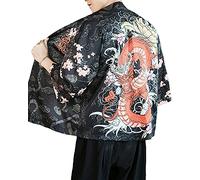 PRIJOUHE Kimono da uomo giacca cardigan stile giapponese gru volante sette maniche aperto davanti cappotto, Nero 3, Medium