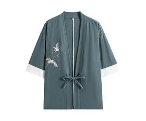 PRIJOUHE - Kimono giapponese Yukata Noragi per uomo, casual, alla moda, a sette maniche, leggero, aperto sul davanti, L
