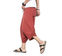 PRIJOUHE Pantaloni Capri Harem da uomo con gamba larga, pantaloni estivi in lino, Rosso, M