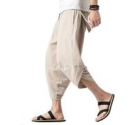 PRIJOUHE Pantaloni Harem Capri da uomo, gamba larga da uomo Capris, pantaloni estivi in lino, B-kaki, M