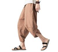 PRIJOUHE Pantaloni Harem Capri da uomo, gamba larga da uomo Capris, pantaloni estivi in lino, B-marrone, L