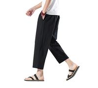 PRIJOUHE Pantaloni Harem da uomo casual leggeri larghi baggy pantaloni Capri in lino da spiaggia con elastico in vita, Nero 69, XL