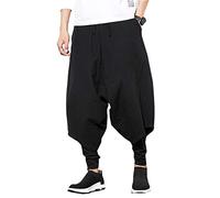 PRIJOUHE Pantaloni harem da uomo, pantaloni larghi hip hop a gamba larga, in cotone, A-Nero, XL