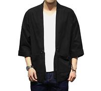 PRIJOUHE Uomo Giapponese Stile Kimono Cardigan Giacca Misto Cotone Lino Sette Maniche Tinta unita Aperto davanti Cappotto - Nero - XS
