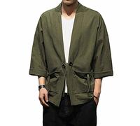 PRIJOUHE Uomo Giapponese Stile Kimono Cardigan Giacca Misto Cotone Lino Sette Maniche Tinta unita Aperto davanti Cappotto - Verde - L