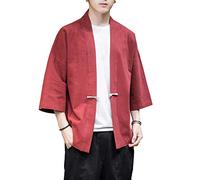 PRIJOUHE Uomo Kimono Giacche Cardigan Casual Misto Cotone Lino Sette Maniche Aperte Frontale Ricamo Cappotto - - Medium