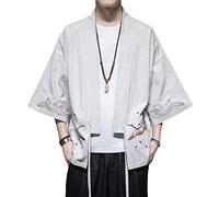 PRIJOUHE Uomo Kimono Giacche Cardigan Casual Misto Cotone Lino Sette Maniche Aperto Fronte Ricamo Cappotto - Beige - L