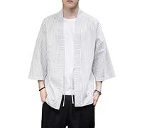 PRIJOUHE Uomo Kimono Giacche Cardigan Leggero Casual Misto Cotone Lino Sette Maniche Aperto Anteriore Cappotto Outwear - - Medium