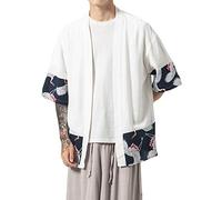 PRIJOUHE Uomo Kimono Giacche Cardigan Leggero Casual Misto Cotone Lino Sette Maniche Aperto Davanti Cappotto Outwear - - XX-Large