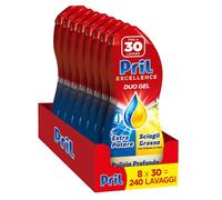 Pril Duo Gel, Detersivo lavastoviglie Gel, Azione Sciogligrasso con Limone, Formato da 8 Confezioni da 30 Lavaggi, totale 240 Lavaggi