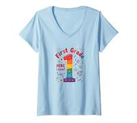 Prima Classe Here I Come Rainbow Celebration per Gli Studenti Maglietta con Collo a V, Donna, Celeste, XXL
