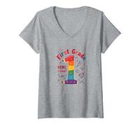 Prima Classe Here I Come Rainbow Celebration per Gli Studenti Maglietta con Collo a V, Donna, Grigio Melange, M