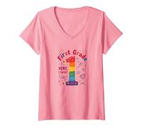 Prima Classe Here I Come Rainbow Celebration per Gli Studenti Maglietta con Collo a V, Donna, Rosa, S