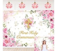 Prima Comunione Sfondo Boho Floreale Dio Benedica Sfondo Rosa Glitter Battesimo Festa Ragazze Neonato Doccia Decorazioni Banner