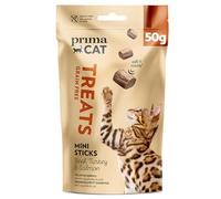 PrimaCat - Mini bastoncini per gatti senza cereali, gusto manzo, tacchino e salmone, 50 g