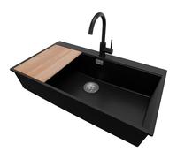 PRIMAGRAN Lavandino Angolare Nero 88x50cm, Lavello in Granito a 1 vasca + Rubinetto 32x20cm + Set di accessori, Lavabo da Cucina Incasso al Mobile 90cm - Oslo 90 Top S715