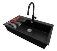 PRIMAGRAN Lavandino Angolare Nero 88x50cm, Lavello in Granito a 1 vasca + Rubinetto 40x20cm + Set di accessori, Lavabo da Cucina Incasso al Mobile 90cm - Oslo 90 Top S677