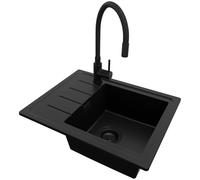 PRIMAGRAN Lavandino da Cucina al Mobile 45cm + Rubinetto, 55x44cm | Set: Rubinetto BW6020 + Kit di scarico + Lavello in Granito a 1 Vasca - Copenhagen Easy, Tutto Nero