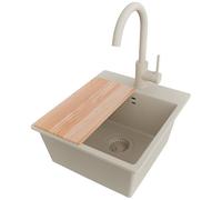 PRIMAGRAN Lavandino da Cucina Beige 38x44cm, Lavello in Granito a 1 vasca + Rubinetto 32x20cm + Set di accessori, Lavabo Incasso al mobile 40cm - Riga Easy