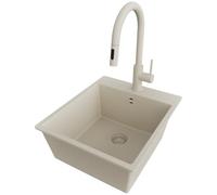 PRIMAGRAN Lavandino da Cucina Beige 43x50cm, Lavello in Granito a 1 vasca + Rubinetto 40x20cm + Sifone Classico, Lavabo Incasso al mobile 45cm - Riga