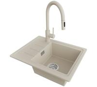 PRIMAGRAN Lavandino da Cucina Beige 55x44cm, Lavello in Granito a 1 vasca + Rubinetto 40x20cm + Sifone Classico, Lavabo Incasso al mobile 45cm - Copenhagen Easy