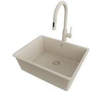 PRIMAGRAN Lavandino da Cucina Beige 56x44cm, Lavello in Granito a 1 vasca + Rubinetto 40x20cm + Sifone Classico, Lavabo Incasso al mobile 60cm - Venezia Slim Easy